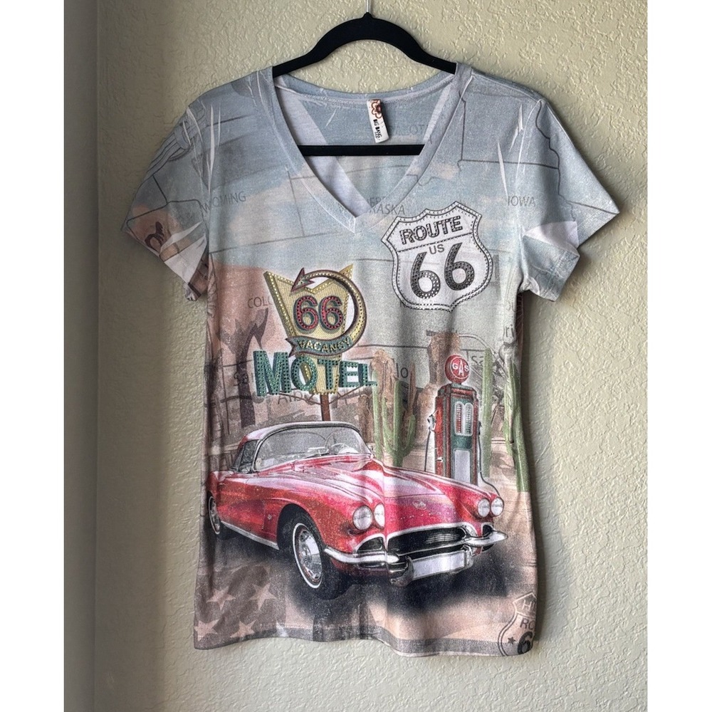 Big Bank USA, V-neck, Route 66, Multi color, Short sleeve, Sz Medium